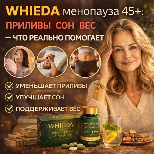 WHIEDA менопауза 45+: приливы, сон, вес — что реально помогает